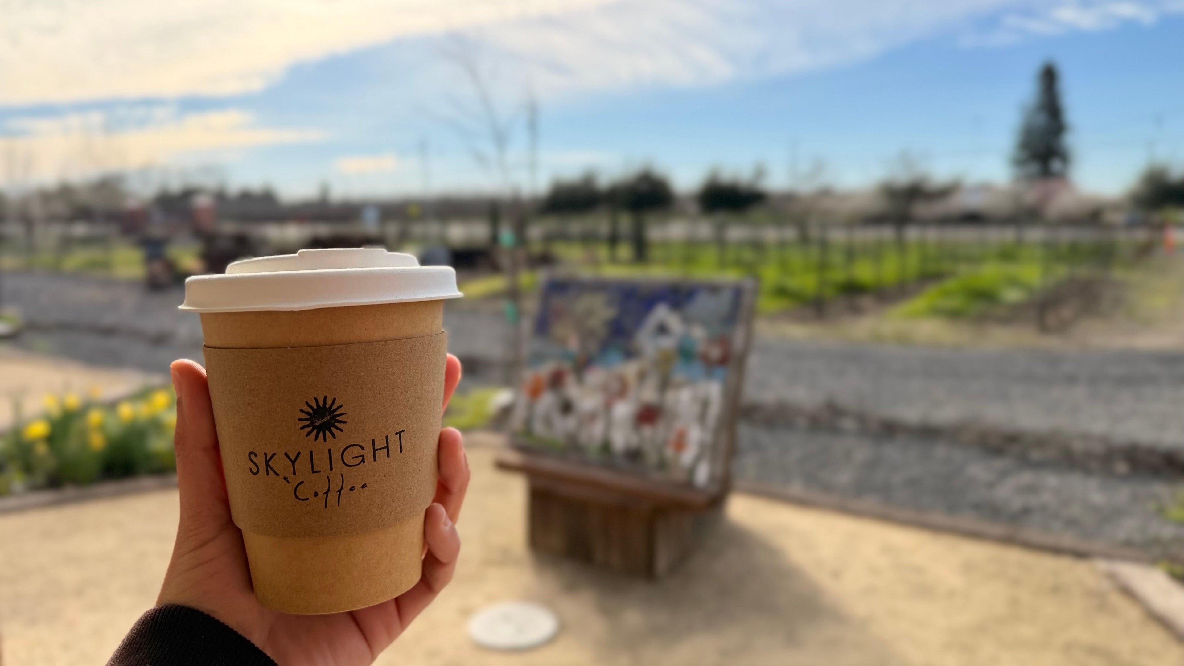 Hand holding a paper cup with 'Skylight Coffee' branding outdoors.